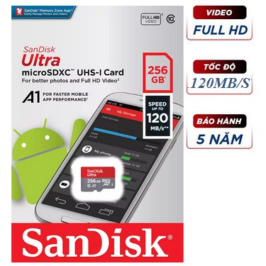 Thẻ nhớ MicroSDXC SanDisk Ultra A1 256GB 120MB/s SDSQUA4-256G-GN6MN Thẻ nhớ MicroSDXC SanDisk Ultra A1 256GB 120MB/s SD