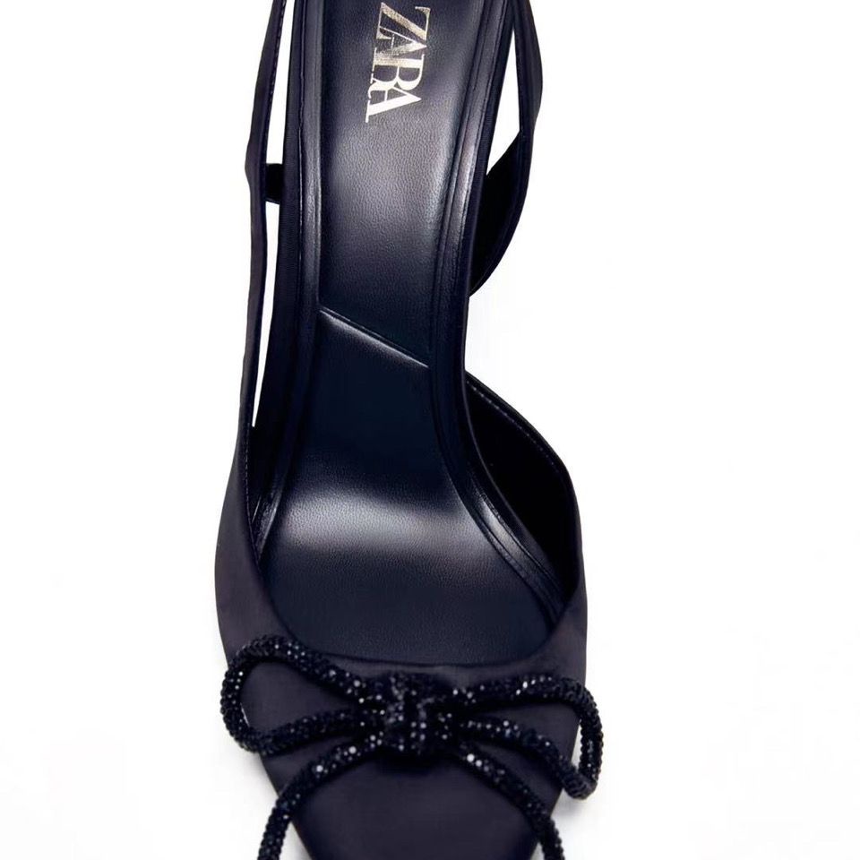 KWQF ZARA summer new high-heeled shoes pointed bowknot bright exposed heel sexy rear tripped thin heel sandals women's large size shoes