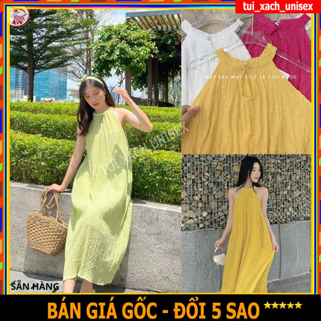 Đầm maxi cổ yếm nữ Váy đi biển chất đũi xốp nhăn thoáng mát khóc cúc giot lệ