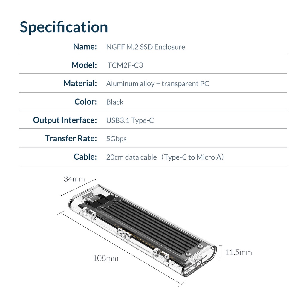 Hộp Ổ Cứng ORICO TCM2F-C3-BK-BP M.2 SATA Type C Tốc Độ 5Gbps - Hàng Chính Hãng