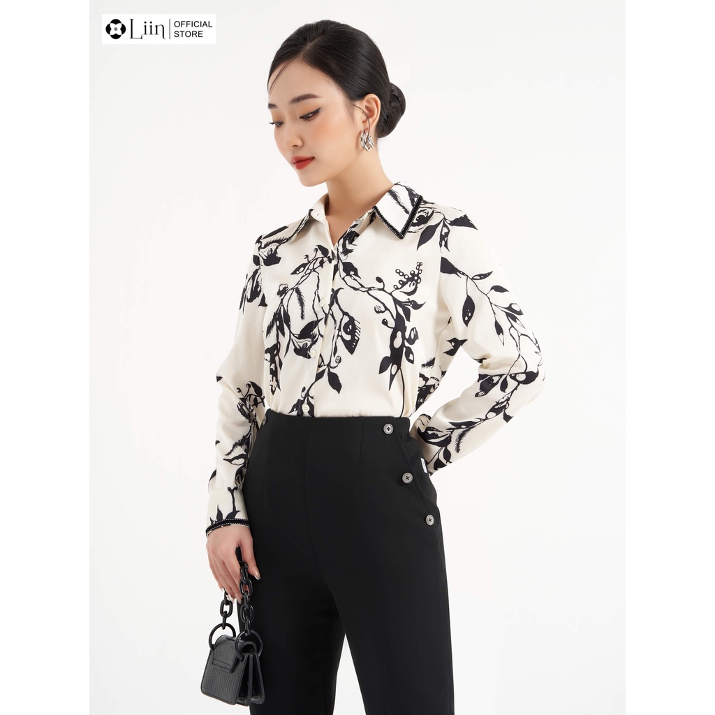 Áo sơ mi Linbi cao cấp hoạ tiết Hoa Lá Đen Trắng xinh xắn, dễ phối đồ liin clothing SM3526