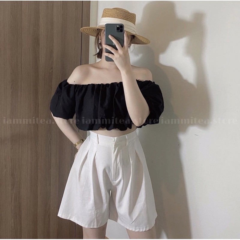 Áo croptop bí kiểu nữ chất vải kate lụa bệt vai bo eo