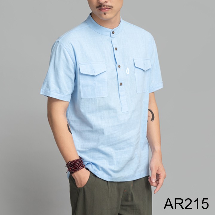 Áo đũi nam cộc tay cổ tàu 2 túi ngực thời trang, áo sơ mi nam vải đũi cộc tay chất | BigBuy360 - bigbuy360.vn