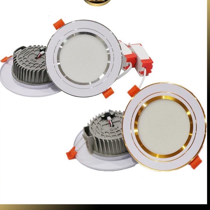 Đèn LED âm trần đế đúc 7w, 3 chế độ màu, phi 90 viền vàng/bạc