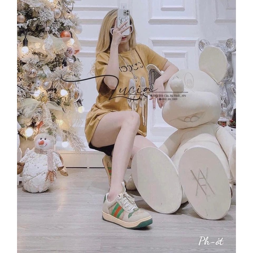 Áo thun nữ from rộng tay ngắn phông unisex dấu quần hình GUCI đôi giày chất cotton 4 chiều mềm mịn hot trend 2022