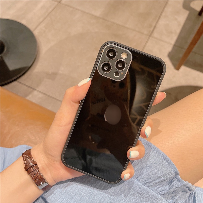 Ốp Điện Thoại Mặt Kính Viền Vuông Màu Trơn Đơn Giản Cho IPhone 13 12 11 Pro Max XS Max XR X 8 7 Plus
