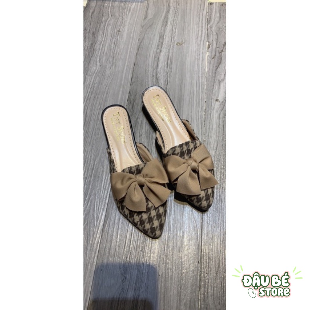 Giày Sục Nơ Caro Nâu Mũi Nhọn Thời Trang Cá Tính Nữ - Dép Sục Nữ Đế Bệt Sang Chảnh Chống Trơn Trượt - Daube - G030