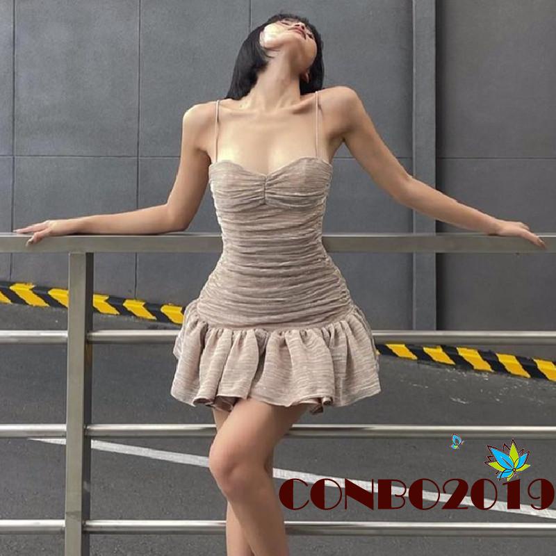 Hgm-đầm Hai Dây Màu Trơn Hở Lưng Thời Trang Mùa Hè Cho Nữ Size S / M / L
