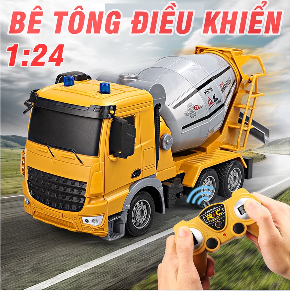 Mô hình xe trộn bê tông điều khiển từ xa tỉ lệ 1:24 đồ chơi trẻ em có thùng trộn xoay đổ được vật liệu bằng điều khiển