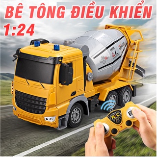 Mô hình xe trộn bê tông điều khiển từ xa tỉ lệ 1:24 đồ chơi trẻ em có thùng trộn xoay đổ được vật liệu bằng điều khiển