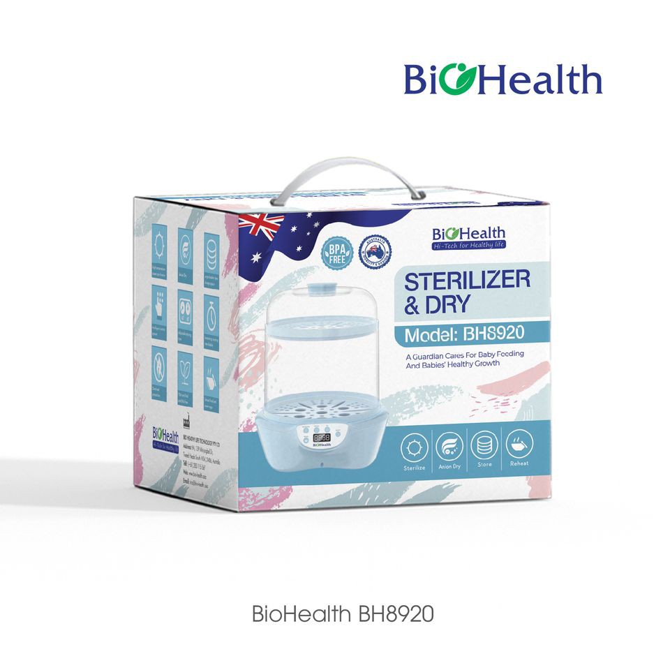 Máy tiệt trùng bình sữa, máy tiệt trùng sấy khô BIOHEALTH BH8910 hàng chính hãng bảo hành 12 tháng của ÚC MTTBH8910