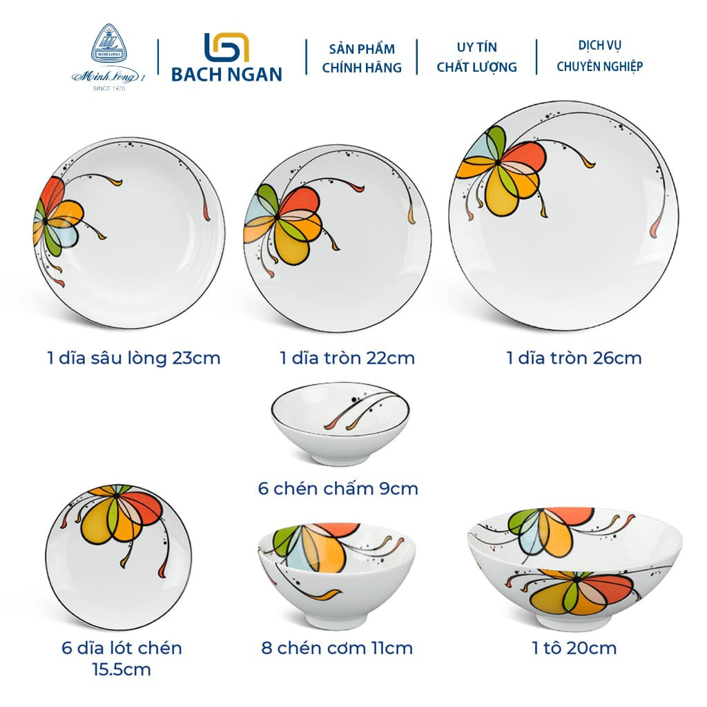 Bộ 10 Chén Ăn Cơm Minh Long 11.5 cm Daisy Họa Tiết Bóng Bay sứ cao cấp, đẹp, dùng gia đình, tặng quà