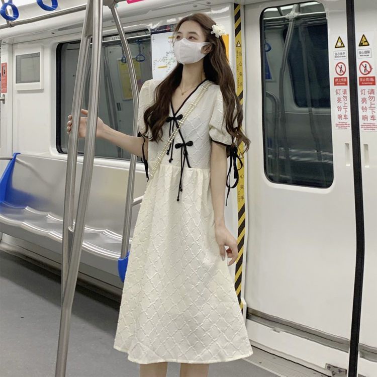 Váy babydoll Đầm Sườn Xám Cách Tân Tay Phồng Cổ Chữ V Phong Cách Hàn Quốc Thời Trang Mùa Hè Cho Nữ