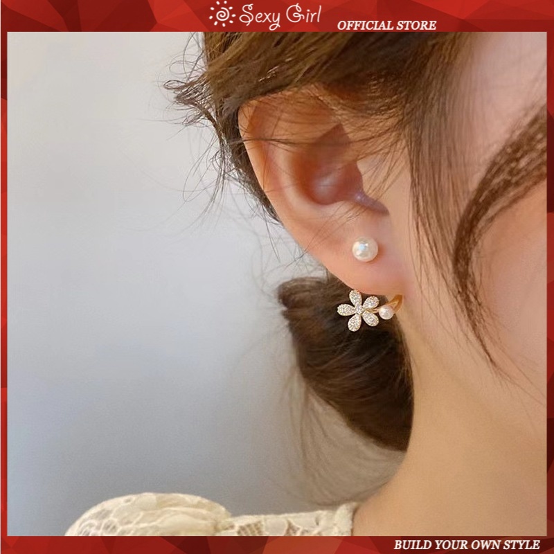 Khuyên Tai Hai Hàng Hình Hoa Nhỏ Xinh Đính Ngọc Trai Phong Cách Hàn Quốc