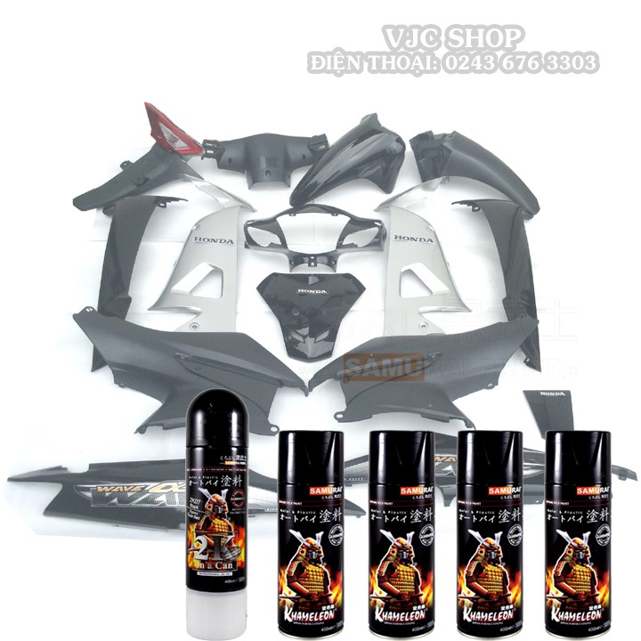Combo sơn Samurai dùng để sơn ra dàn áo xe Wave A màu đen bạc Samurai