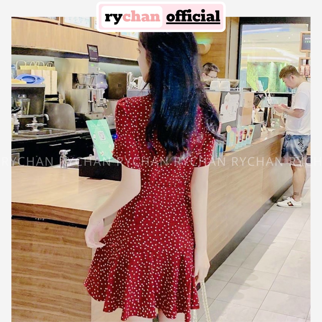 Đầm Xòe Chấm Bi Cổ V Đính Nút Chéo Tà Đuôi Viền Bèo  - DX0058
