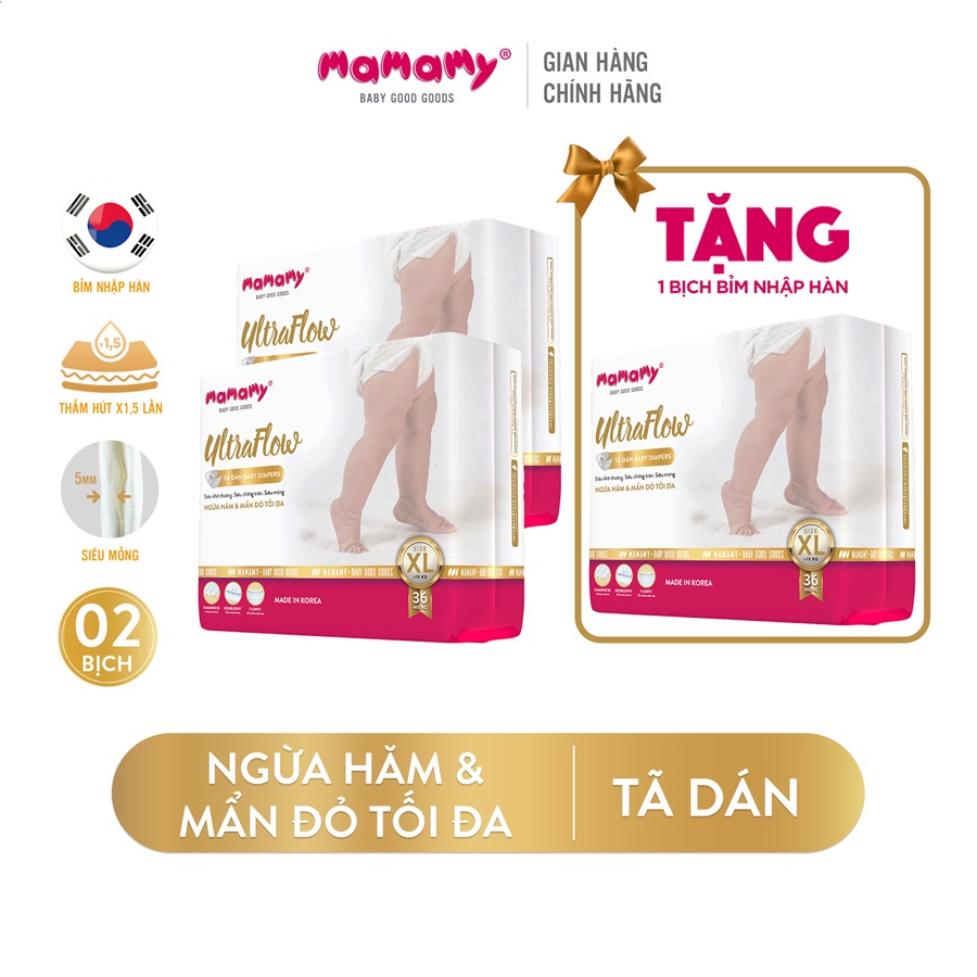 Tã dán Mamamy Ultraflow chống tràn, khô thoáng, đủ size S54M46L42XL36 - Combo 2 bịch tặng 1 bịch cùng loại