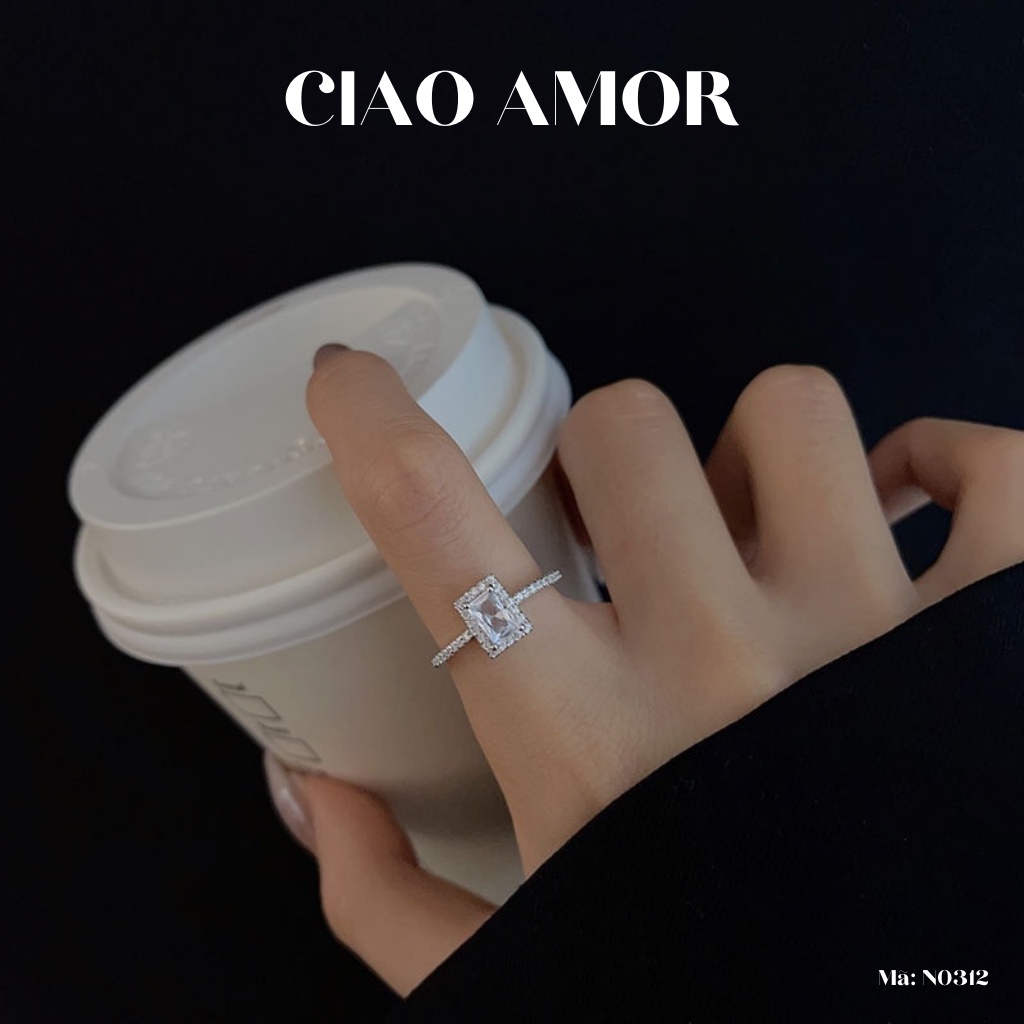 Nhẫn nữ bạc đính đá mặt vuông đơn giản sang trọng đính đá viền Trang sức Ciao Amor - N0312