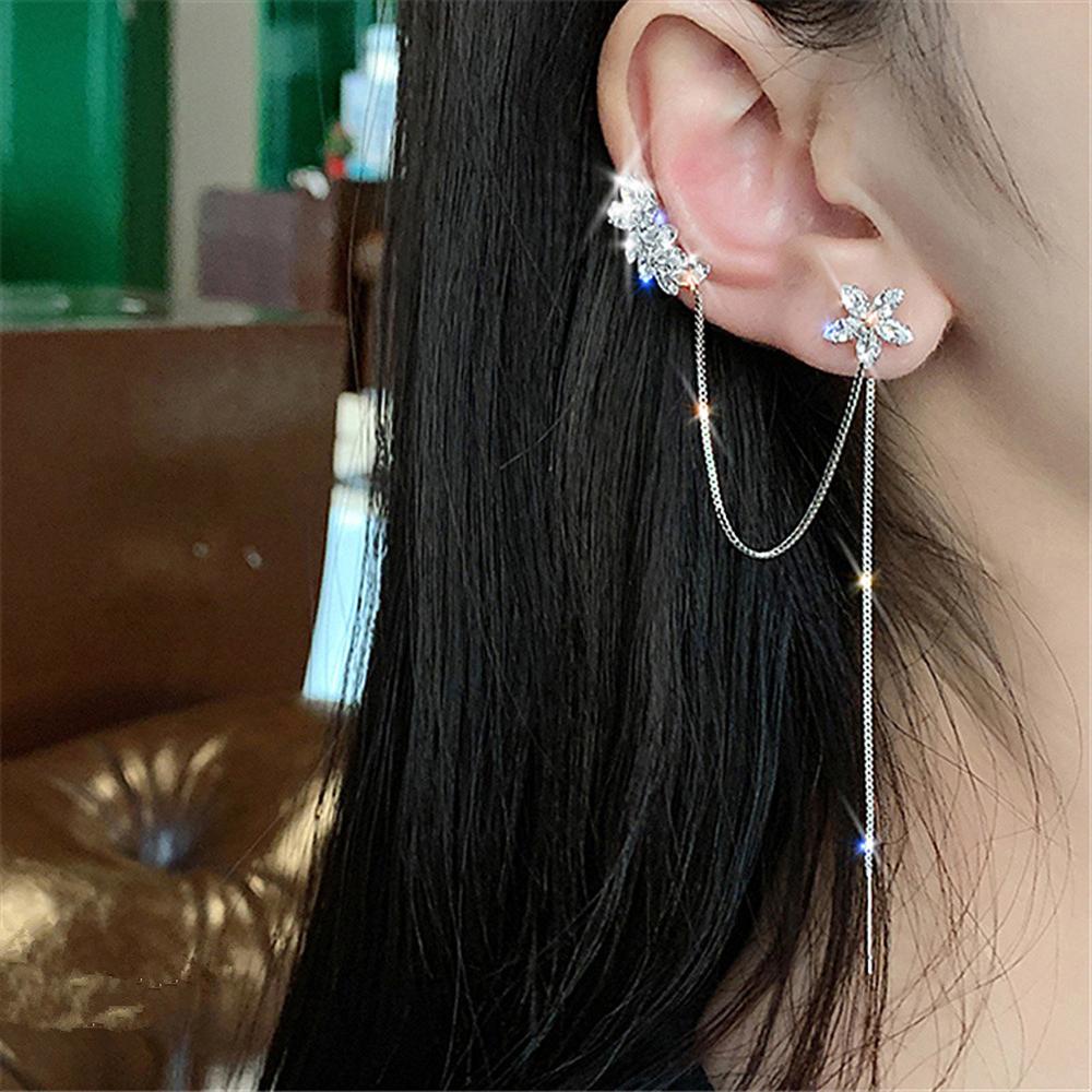 Bông Tai Dạng Kẹp Hình Hoa Phối Dây Xích Dài Thời Trang Thanh Lịch Cho Nữ