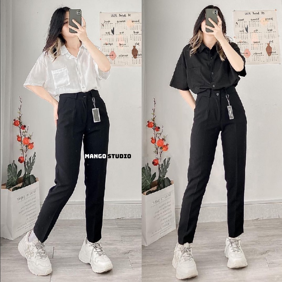 Quần Tây Baggy Nữ Đi Học Công Sở Ống Đứng Suông Dài Lưng Cao Màu Đen Chất Kate Thái Mềm Mại K285