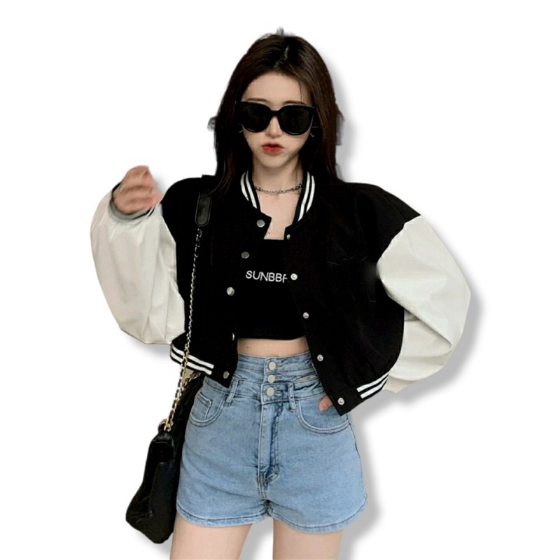 Áo Khoác Bomber Nữ Cúc Bấm Phối Tay Chất Dù 2 Lớp Siêu Đẹp - NGỌC HÂN FASHION