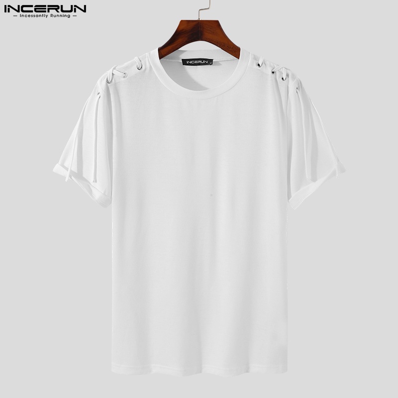 INCERUN Áo nam Ngắn Tay Cổ Tròn Cột Dây Màu Trắng