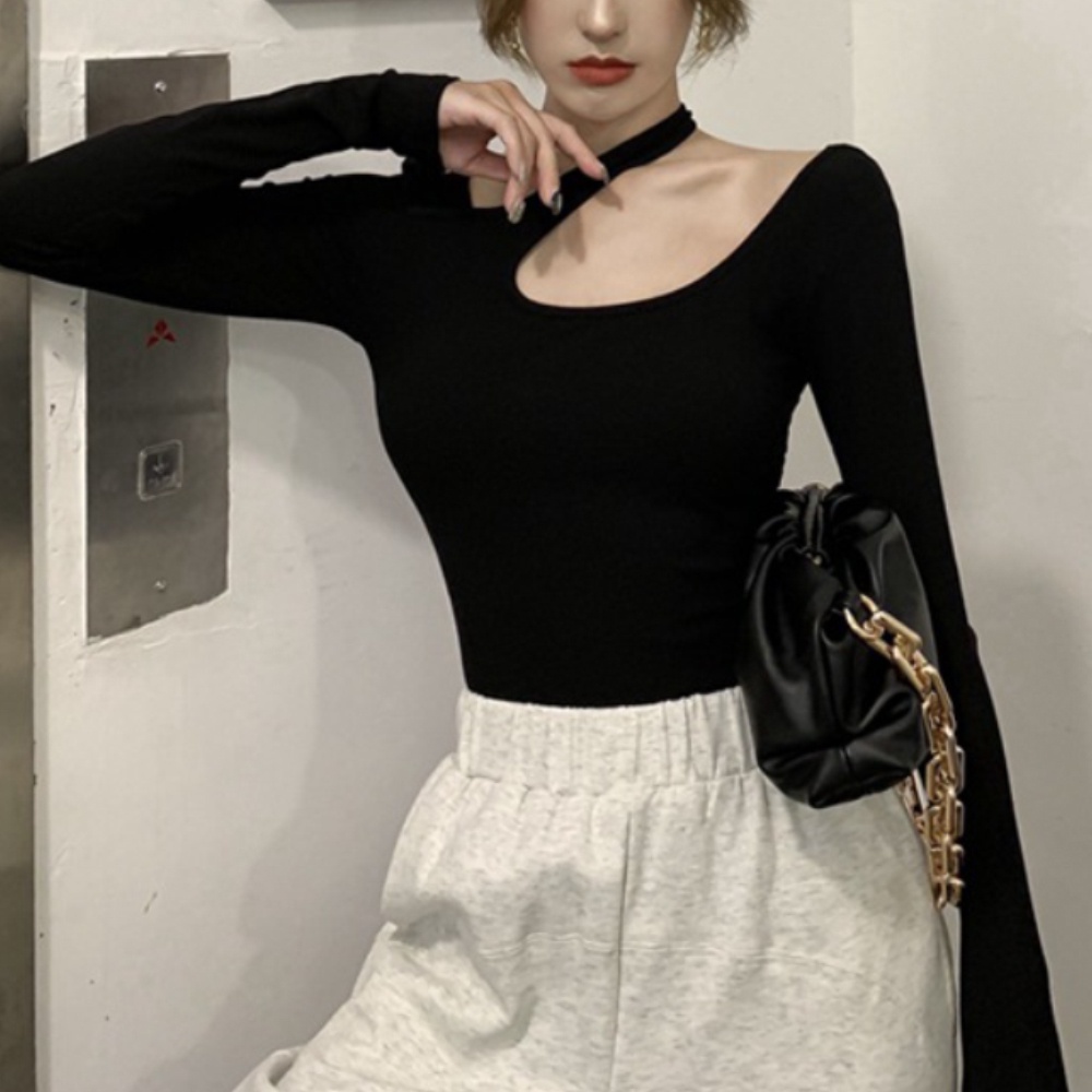 Áo thun nữ tay dài cổ chữ U dáng ôm gợi cảm thời trang