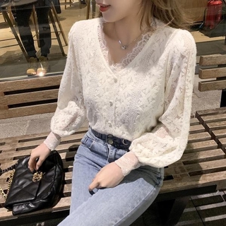 CCVN Áo sơ mi ren cổ chữ v tay dài phong cách retro thời trang xuân thu 201208