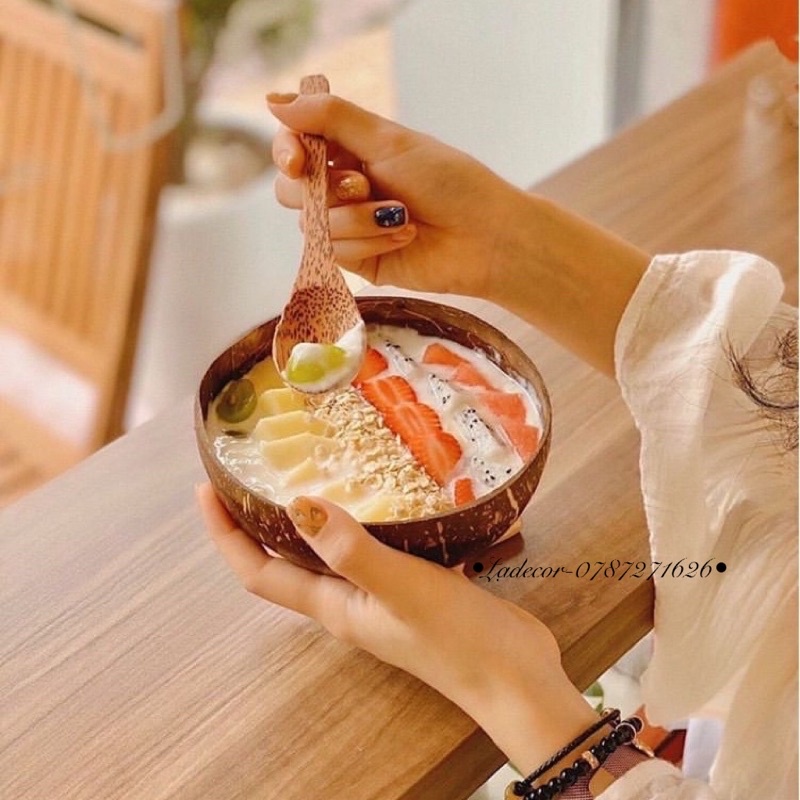 Bộ bát gáo dừa và thìa dừa Bến Tre tự nhiên , trang trí chụp ảnh đồ ăn,đồ uống