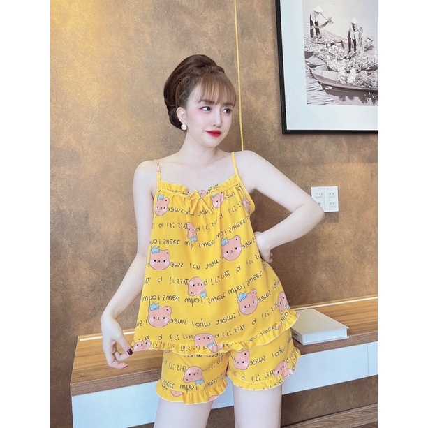 Bộ lụa viền bèo thypham-shop mặc nhà mát, đồ ngủ 2 dây dễ thương