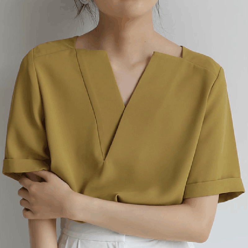 Áo IELGY tay ngắn cổ chữ V phong cách Pháp thời trang cho nữ