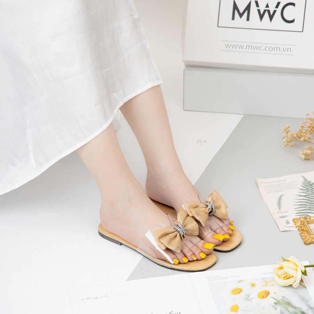 Dép Nữ MWC Đế Bệt Quai Trong Đính Nơ To NUDE - 3410