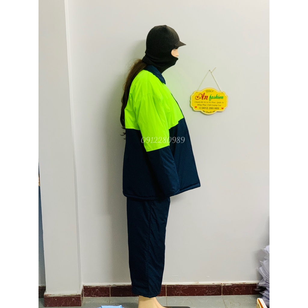 Quần áo bảo hộ trong kho đông lạnh -30 độ có lót lông ấm áp màu xanh đen phối xanh neon _ Hình chụp thật