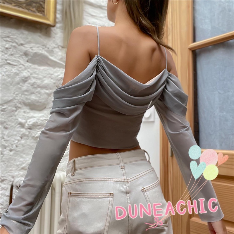 DUNEA Áo Croptop Tay Dài Trễ Vai Phối Lưới Phong Cách Quyến Rũ