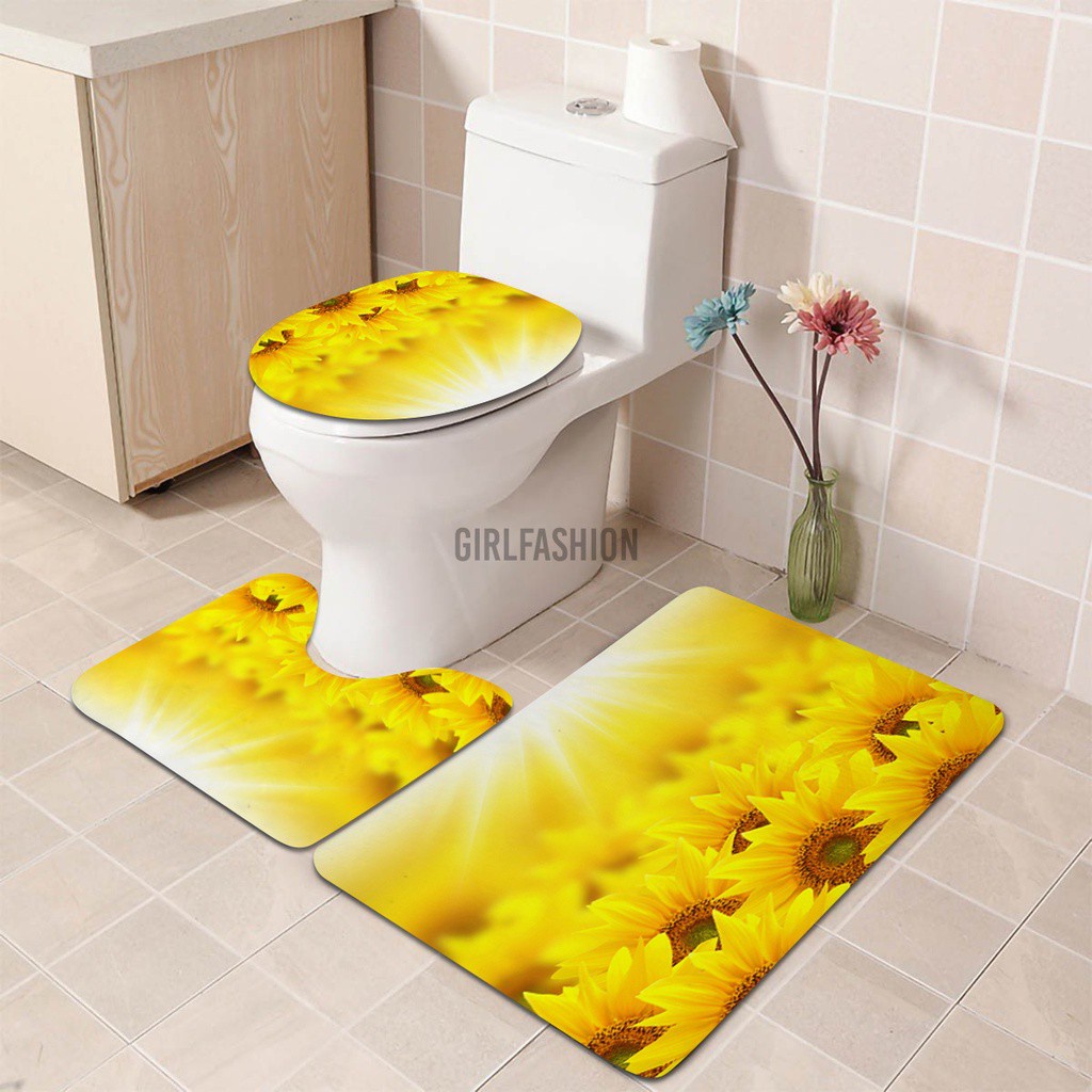 Bathroom Shower Curtain Bath Flower Non-slip Toilet Lid Cover Rug Mat Set