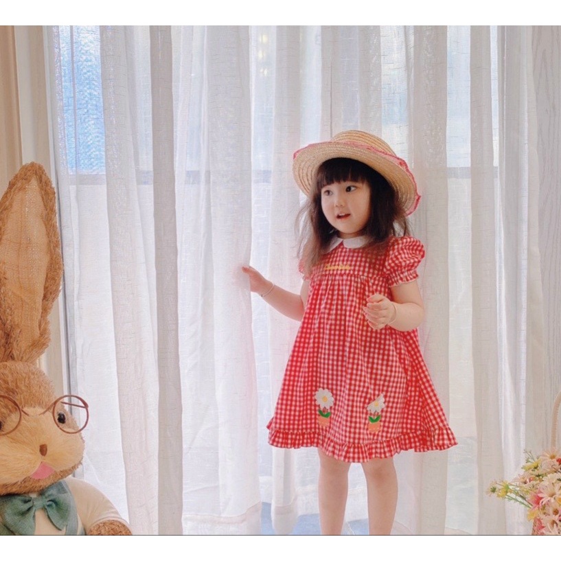 Đầm váy babydoll caro mùa hè cho bé gái phong cách Hàn Quốc từ 12-35kg chất kate cotton mềm mịn mát