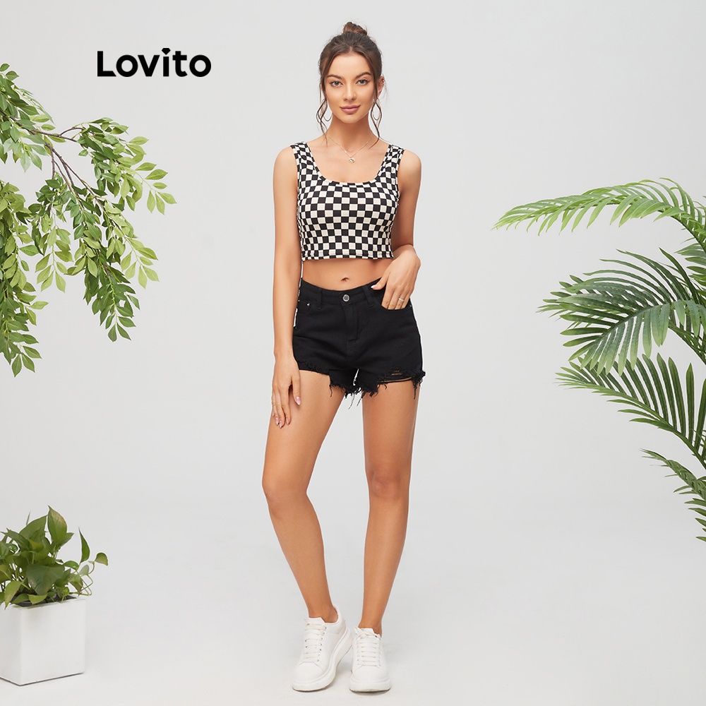 Áo tank Lovito top cổ vuông kẻ sọc caro màu đen L11D04 | BigBuy360 - bigbuy360.vn