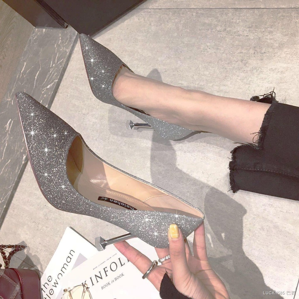 Giày cao gót mũi nhọn sequin 6,5cm phong cách thời trang xuân thu 2022