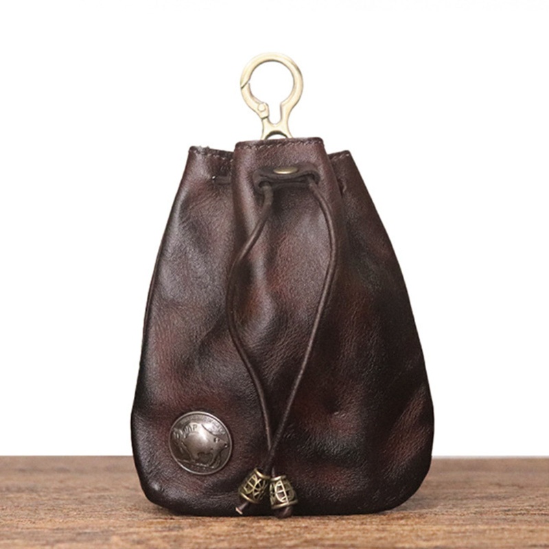 Ví Đựng Chìa Khóa / Tiền Xu Bằng Da Bò Handmade Có Dây Rút Tiện Lợi