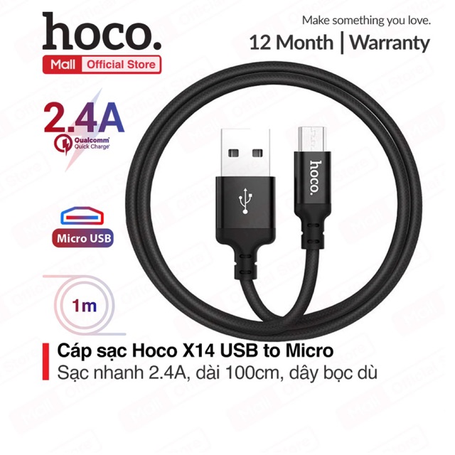 Cáp Sạc nhanh Hoco Micro USB X-14 dài 1m Siêu Bền 2 Đầu Cáp Được Bọc Nhôm Nguyên Khối Theo Công Nghệ Chuẩn