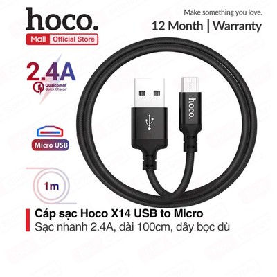 Cáp Sạc nhanh USB to Micro Hoco X14/X89 dài 1m Siêu Bền 2 Đầu Cáp Được Bọc Nhôm Nguyên Khối Theo Công Nghệ Chuẩn