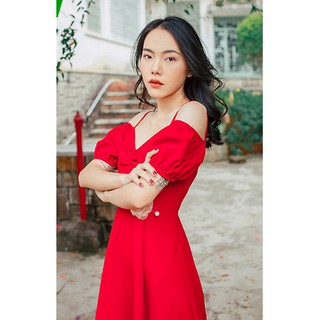 Đầm đỏ trễ vai nơ ngực
