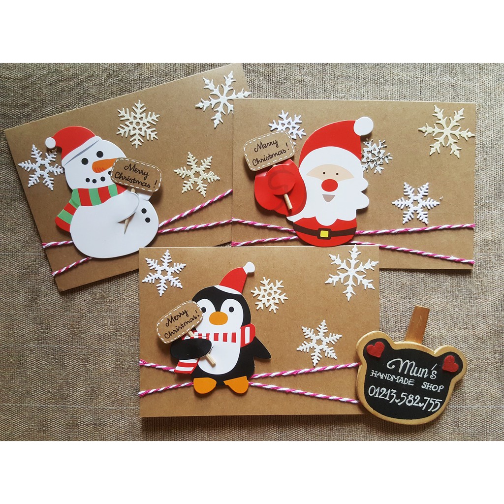 6 MẪU] Thiệp Giáng Sinh handmade giấy Kraft - cánh cụt, người tuyết, ông  già Noel | Shopee Việt Nam