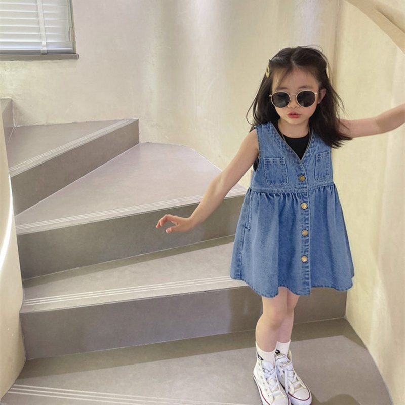 Đầm Yếm Denim Hai Dây Lưng Phong Cách Nước Ngoài Cho Bé Gái