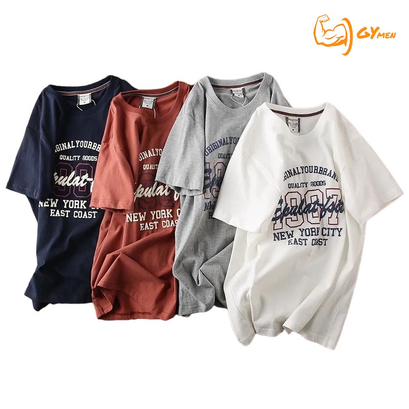 [GYMen]  Áo Thun Thể Thao Cotton Tay Ngắn Dáng Rộng Thoáng Khí Thấm Hút Mồ Hôi In Họa Tiết Phong Cách Retro Cho Nam