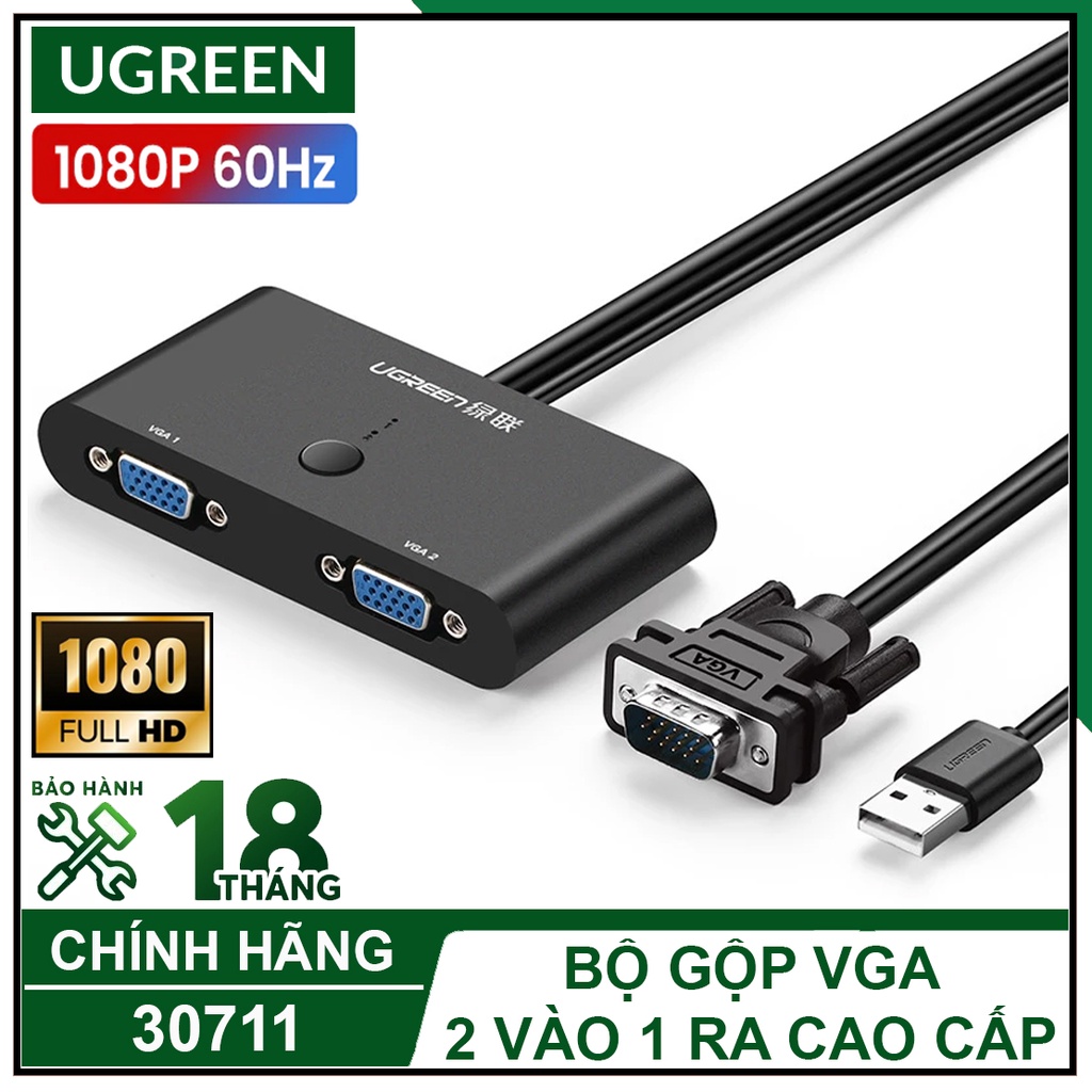 Bộ Gộp Vga 2 Vào 1 Ra Cao Cấp, UGREEN 30711 Chính Hãng