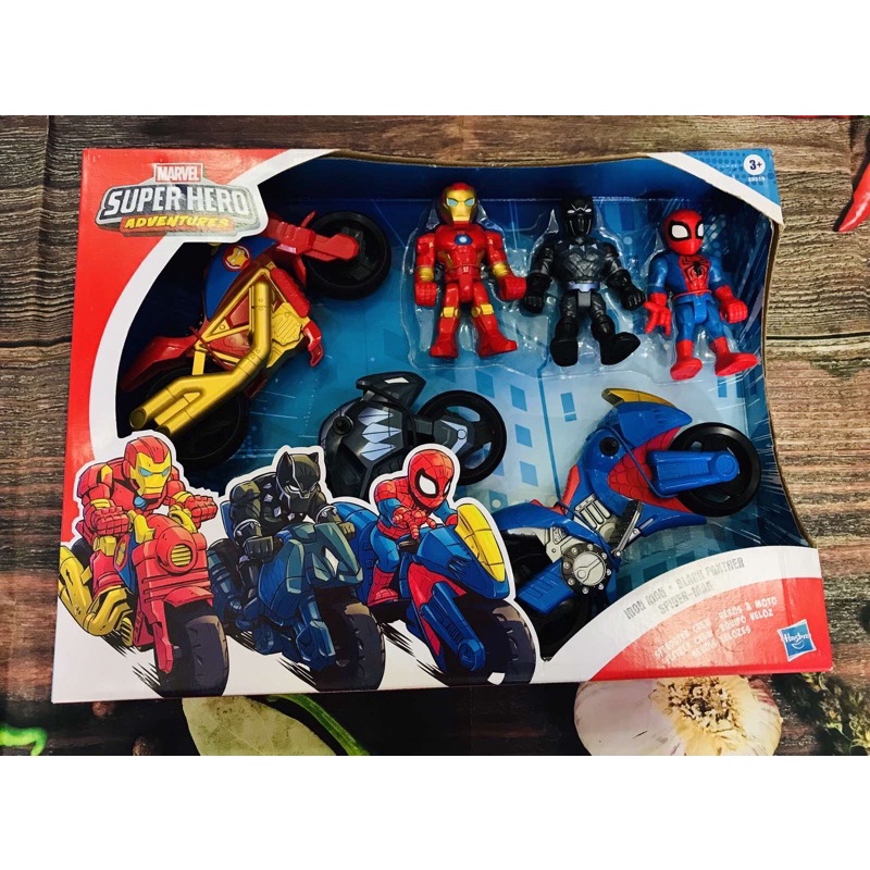 Set 3 moto siêu anh hùng Marvel: Iron Man, Black Panther, Spider Man, chính hãng Hasbro