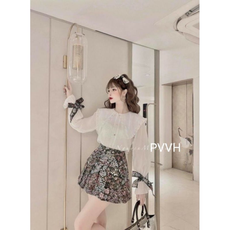 SET ÁO SƠ MI MIX CHANAN VÁY HOA CÓ LÓT MẶC TIỂU THƯ BÁ CHÁY