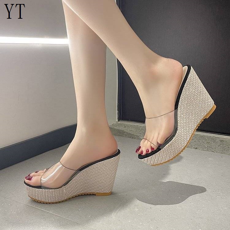 Dép Đế Xuồng Dày Dặn 11Cm Quai Bện Trong Suốt Chống Nước Cho Nữ