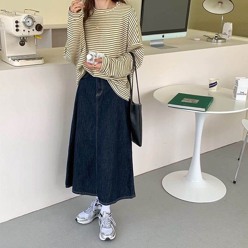 Áo thun XIAOZHAINV tay dài cổ tròn họa tiết kẻ sọc phong cách Hàn Quốc cho nữ